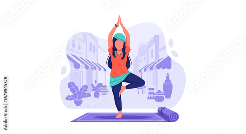 Stylish woman in vibrant attire finds peace in a yoga tree pose, illustrating mindfulness and a balanced lifestyle in a serene setting.