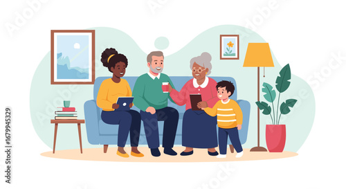 A diverse, multi-generational family happily enjoys quality time together at home, featuring grandparents, an adult, and a child. Ideal for family, lifestyle, and home concepts.