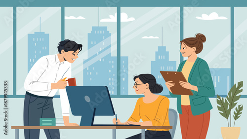 Diverse business team collaborating cheerfully in a modern office with city views, discussing projects and fostering a productive work environment.