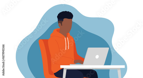 A young man focused on his laptop, ideal for concepts like remote work, online learning, productivity, or casual digital lifestyle.