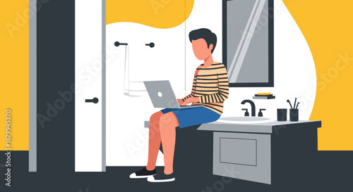 Man working on a laptop in a modern bathroom, illustrating remote work, flexible schedule, and digital lifestyle. Concept of unconventional office space and productivity.