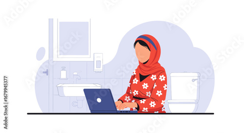 Woman in hijab working on laptop in a bathroom, depicting flexible remote work, privacy, and modern lifestyle. Ideal for business, technology, and home office concepts.