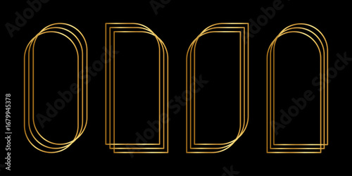 Set of golden oval, arch, semiarch and leaf frames. Elegant shining gold templates for wedding invitation or greeting cards, event or party banners isolated on dark background. Vector illustration.