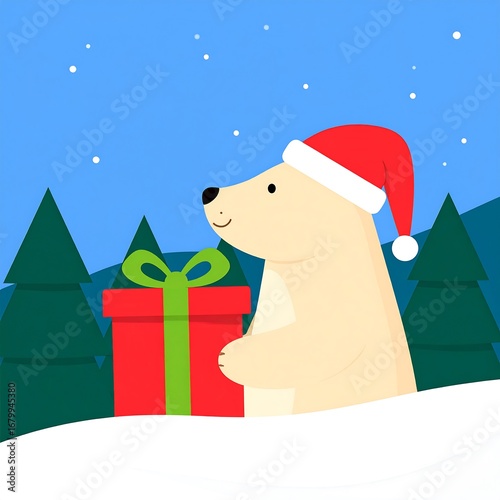 Cute polar bear wearing a Santa hat holding a Christmas gift in a snowy forest.