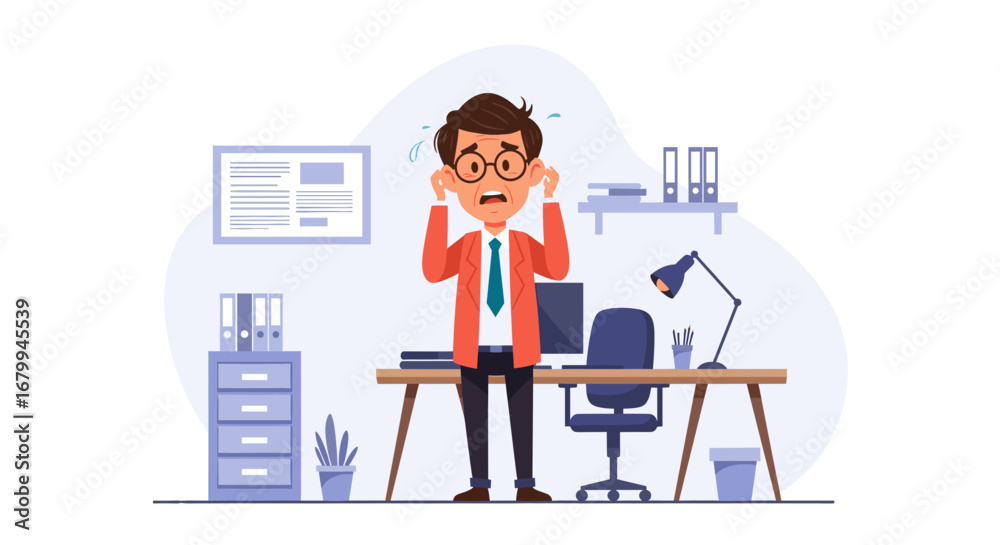 Fototapeta premium Stressed businessman in an office setting, overwhelmed by work pressure and anxiety. Ideal for concepts of workplace burnout, deadlines, and mental health challenges.
