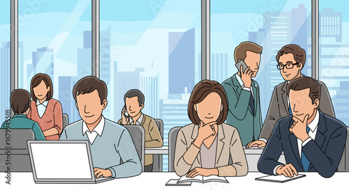 Professional business team collaborating and working diligently in a modern office with a city view. Ideal for corporate productivity, communication, and workplace concepts.