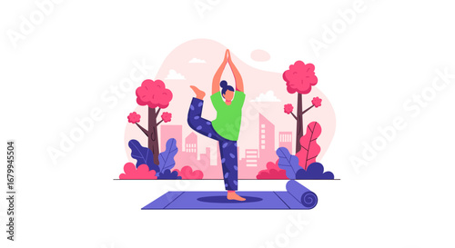Woman practicing yoga Dancer's pose on a mat in an urban park, embodying balance, peace, and mindfulness. Ideal for health, fitness, and lifestyle concepts.