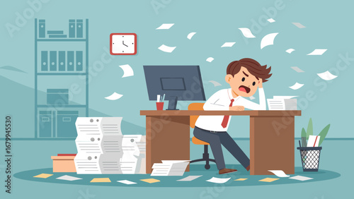 Stressed businessman overwhelmed by excessive paperwork and deadlines in a messy office environment, reflecting burnout and workplace pressure.