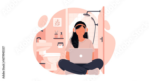 Young woman works remotely on her laptop in a bathroom, wearing headphones. Illustrates modern work flexibility, focus, and unconventional workspace.