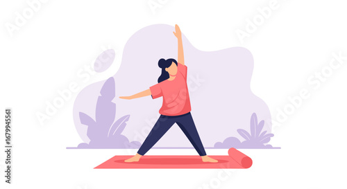 Woman practicing yoga on a mat, demonstrating flexibility and balance. Ideal for health, wellness, and mindful lifestyle concepts.