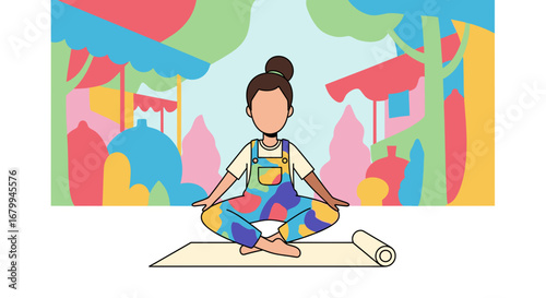 Woman meditating in a vibrant, abstract outdoor setting, promoting mindfulness, wellness, and healthy lifestyle choices. Ideal for mental health or yoga concepts.