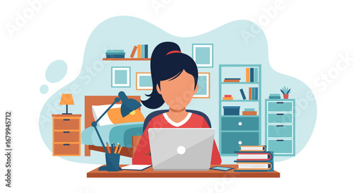 Young woman working remotely on laptop at a desk in her cozy home office/bedroom setup. Represents remote work, online learning, and productivity.