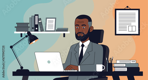 Professional Black man working diligently on a laptop at his office desk, suitable for business, remote work, or corporate lifestyle themes.