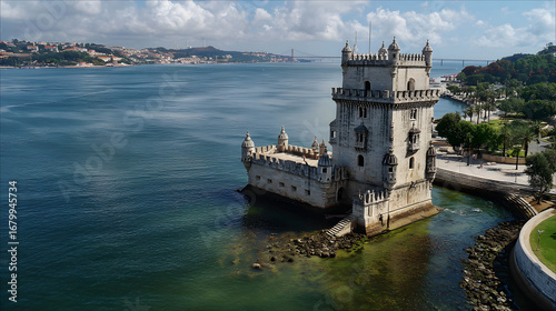 Aerial view of the historic Belém Tower, a 16th-century fortification on the bank of the Tagus River in Lisbon, Portugal.