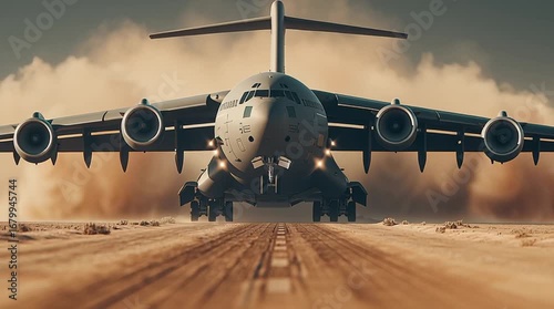 Military transport aircraft takes off from desert airstrip stirring up dust clouds