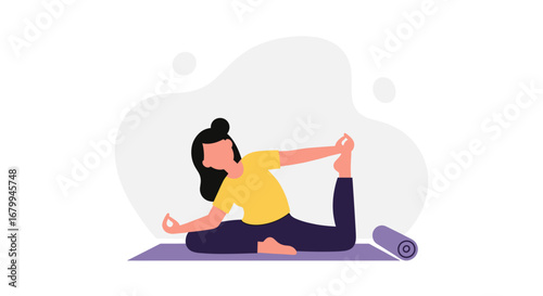 Woman practicing yoga on a mat, demonstrating a flexible pose. Ideal for health, wellness, and fitness content. Promotes active lifestyle and mental well-being.