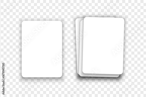 Blank white playing card and deck of cards in top view. Playcard templates isolated on transparent background. Poker game concept. Empty discount ot gift coupons. Vector realistic illustration.