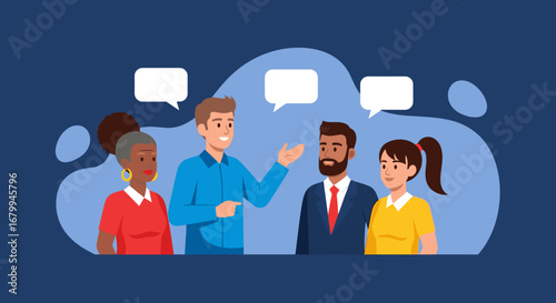 Diverse group of people in an illustration engaging in a lively discussion, exchanging ideas, and collaborating. Represents business communication and teamwork.
