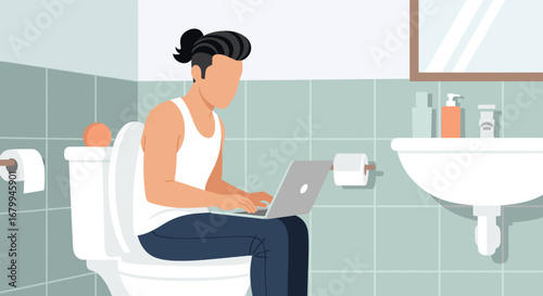 Illustrates a man multitasking, working remotely on his laptop while on the toilet. Highlights modern work-life integration and unconventional workspace concepts.