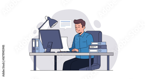 Professional man working diligently at his office desk with a computer and documents, symbolizing productivity and administrative tasks. Ideal for business, remote work, or corporate concepts.