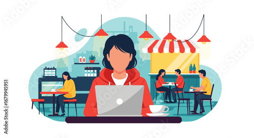 Woman works on her laptop at a cafe with coffee, illustrating remote work, flexible schedule, and a modern lifestyle in a busy urban setting.
