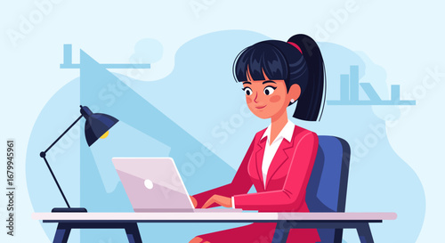 A focused businesswoman works diligently on her laptop at a desk, illuminated by a lamp. Ideal for concepts of productivity, online work, and professional success.
