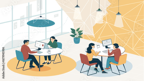 Diverse professionals collaborate efficiently in a bright, modern office space. This illustration captures teamwork, productivity, and contemporary business or co-working environments.