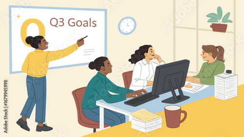 Diverse businesswomen collaborate on Q3 goals in an office meeting. Illustrates teamwork, strategic planning, and professional development for corporate success.