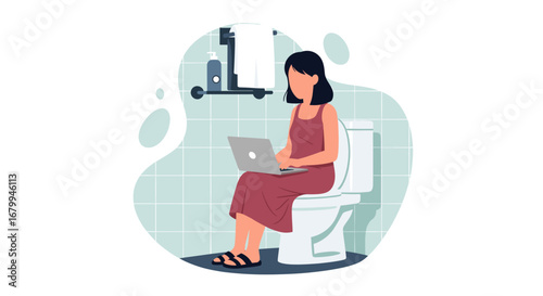 Woman using a laptop while sitting on a toilet, illustrating remote work, multitasking, or a busy modern lifestyle. Perfect for business and home concepts.