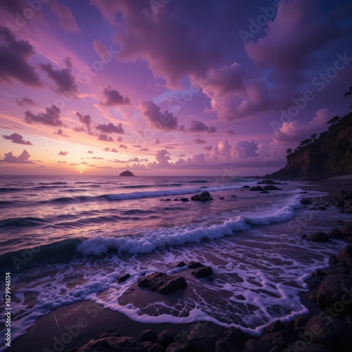 Golden sunset over ocean horizon with dramatic waves crashing on sandy beach
