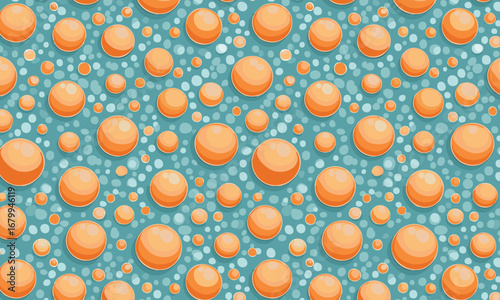  Seamless Pattern with 3D Glossy Orange Spheres on a Dotted Blue Background 