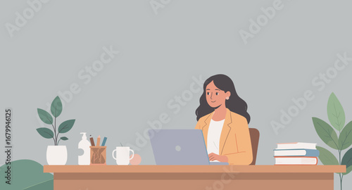 A smiling young professional woman works on her laptop at a modern desk with plants, books, and office supplies. Ideal for themes of remote work, education, business, or lifestyle.