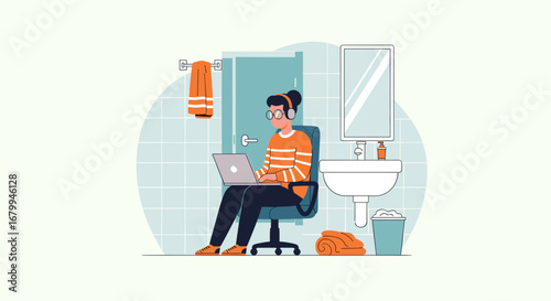 Remote worker focuses on her laptop from an unconventional home office setup in the bathroom, highlighting modern work flexibility and privacy challenges.