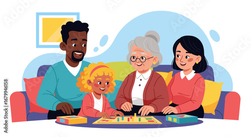 Multi-generational family enjoys playing a board game together at home, fostering happiness and connection. Ideal for lifestyle, parenting, and leisure concepts.