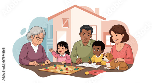 Happy multi-generational family and their dog enjoying quality time at home, playing board games and learning together. Depicts warmth, unity, and domestic life.