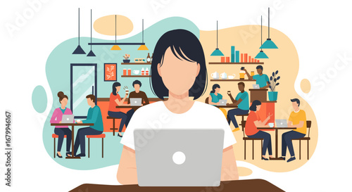 Woman using a laptop, representing modern remote work in vibrant, busy cafe environments. Ideal for themes of productivity, flexible lifestyle, and collaborative workspaces.
