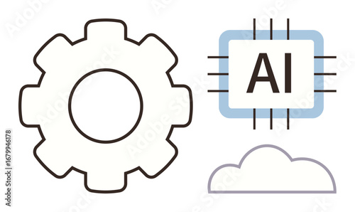 Gear representing machinery, AI microchip for artificial intelligence, and a cloud icon for cloud computing. Ideal for innovation, industry, automation, AI, data tech cloud solutions. Simple flat