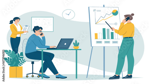 Professionals working in an office setting, engaging in discussions and data analysis. Represents business communication, teamwork, and planning.