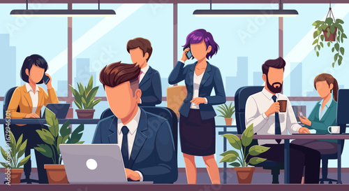 Diverse team of professionals working in a bustling modern office. Depicts collaboration, productivity, and the daily grind in a dynamic corporate environment.