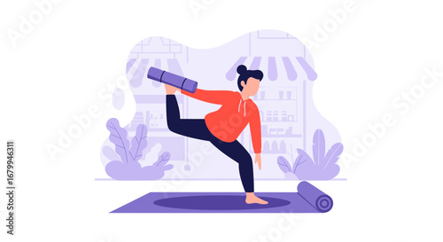 Person practicing a challenging yoga pose with a mat, symbolizing balance, health, and a mindful, active lifestyle for wellness promotion.
