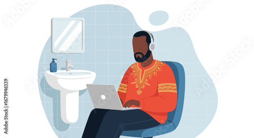 African American man in headphones working on a laptop in a casual home environment, illustrating remote work, flexibility, and a modern lifestyle.