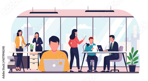 Diverse professionals collaborate and work efficiently in a modern, open-plan office, representing teamwork and productivity in a contemporary business environment.
