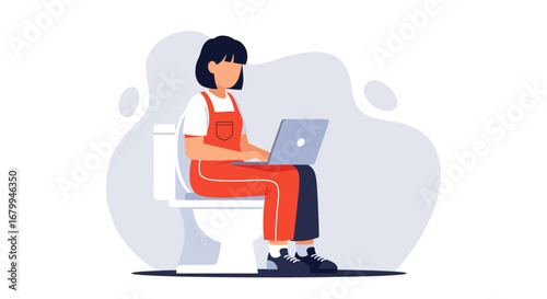 Woman working on a laptop while sitting on a toilet, depicting remote work, flexible schedule, and the challenges of work-life integration.