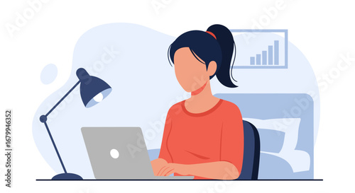 Young woman working remotely on her laptop from a home office, illustrating productivity, freelance work, and modern digital lifestyle.