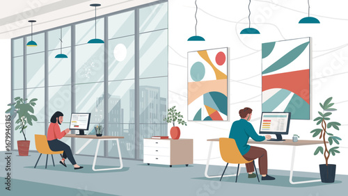 Two professionals working efficiently at individual desks in a bright, modern office with a city view. Ideal for business, technology, and corporate lifestyle themes.