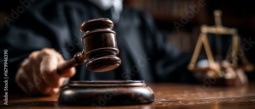 court judge pounding sound block in trial room
