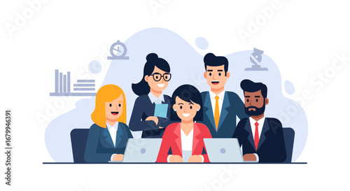 Diverse business team collaborating in an office meeting, utilizing laptops for strategic planning and professional development. Ideal for corporate themes.