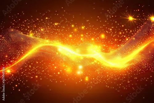 A glowing, golden wave of light particles flows across a dark background, speckled with smaller lights and brighter flares