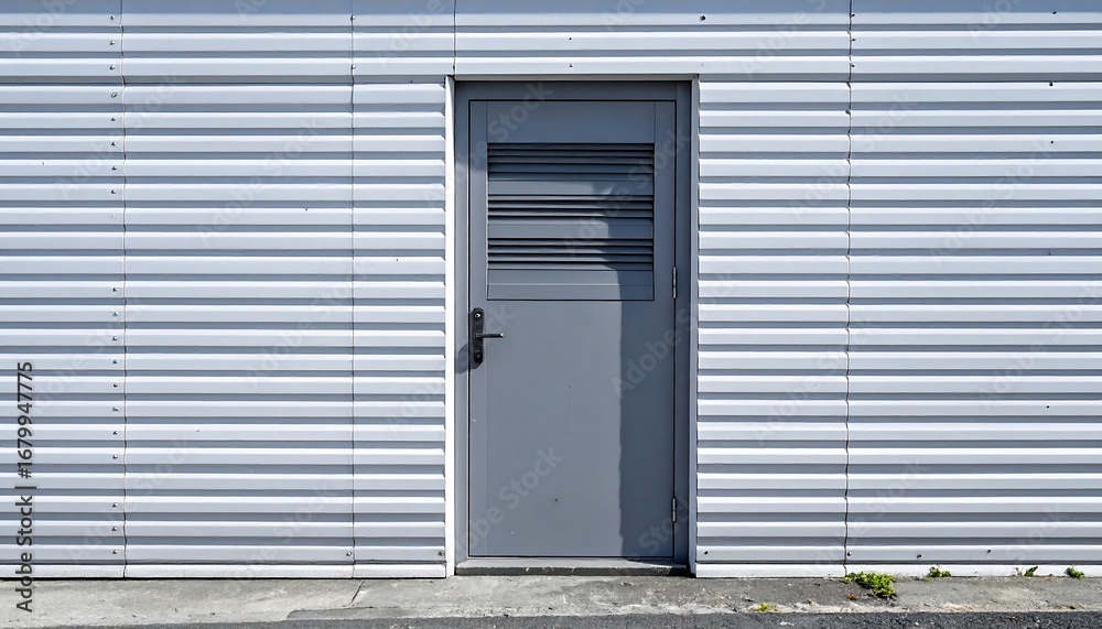Fototapeta premium A simple, gray door set against a light gray corrugated metal wall, bathed in natural light.