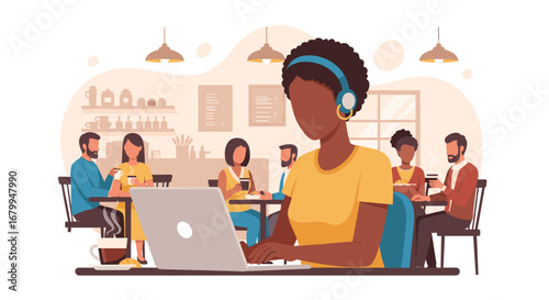 Young woman working remotely on laptop at a vibrant coffee shop, enjoying a productive and social atmosphere. Represents modern freelancing and digital nomad lifestyle.